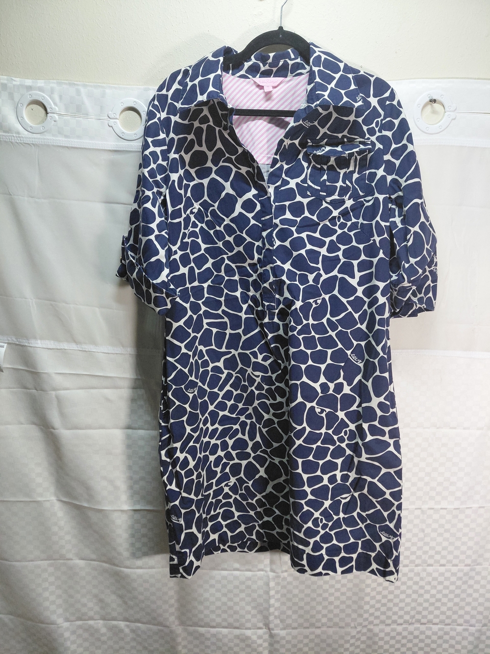 Lilly Pulitzer Navy and Pink Patterned Shirt Dress #(C27).
